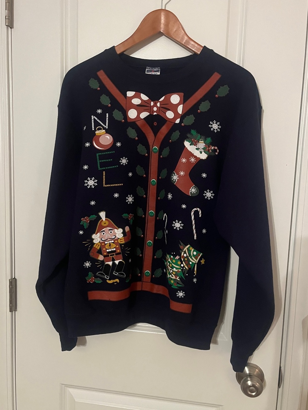 Jerzees Navy Holiday Crewneck Sweater with Festive Motifs